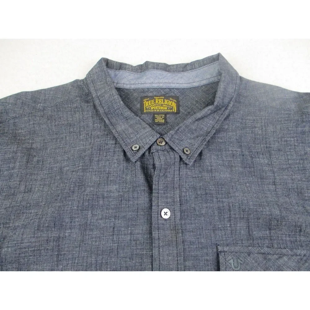 True Religion Shirt Mens 3XL‎ Blue Denim Vented Mesh Sides Button Down Western